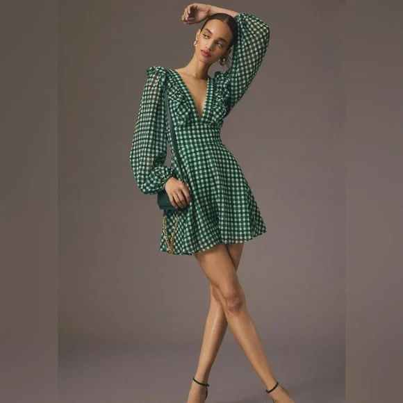Hutch Long-Sleeve Deep-V Romper Emerald Green Plaid Hutch Long-Sleeve Deep-V Romper Emerald Green Plaid